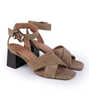 OFF THE HOOK Ruby Suede Leather Heeled Sandals With Crossover Front Strap - Brown