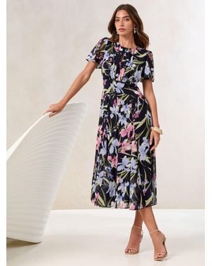 Lipsy Petite Printed Puff Sleeve Crew Neck Midi Dress - Multicolor
