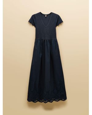 Joules Ivy Shirred Jersey Woven Midi Dress With Broderie Sleeve Detail - Blue