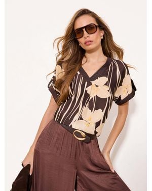 Lipsy Floral Print Utility V-Neck Short Roll Sleeve Top - Brown