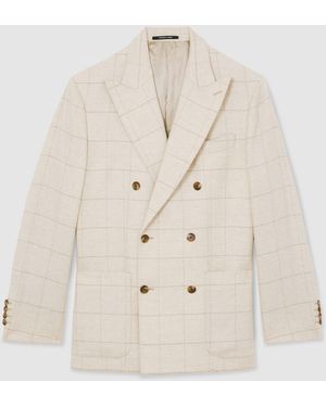 Reiss Elion - Light Oatmeal Classic Fit Wool Windowpane-check Double-breasted Blazer, Us 40 - Natural