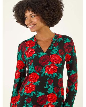 Roman Floral Print V-Neck Chiffon Shirt - Red