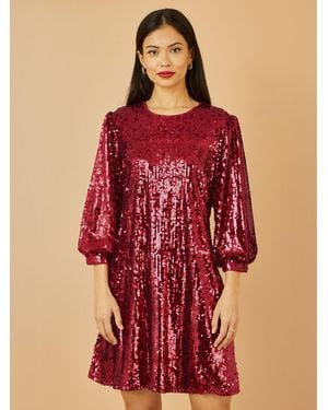Yumi' Sequin Tunic Dress With Balloon Sleeves - Red