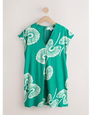 Next Linen Blend Short Sleeve V-Neck Kaftan Mini Dress - Green