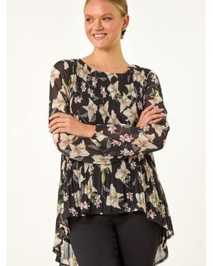 Roman Floral Print Pleated Top - Black