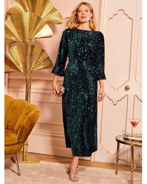 Love & Roses Sequin Flute Sleeve Midi Dress - Blue