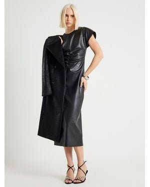 River Island Short Sleeve Faux Leather Ruched Waist Midi Dress - Black