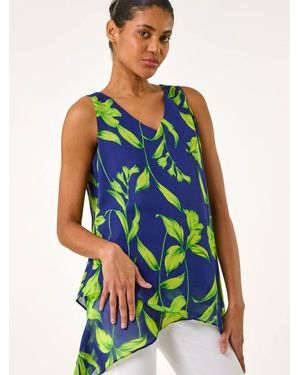 Roman Floral Print Wrap Overlay Top - Blue