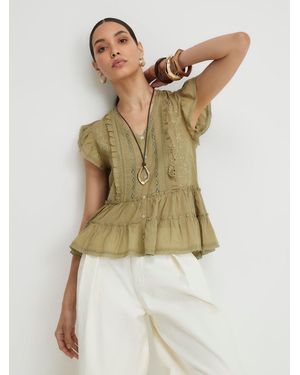 River Island Cotton Blend Beaded Ruffle Blouse - Natural