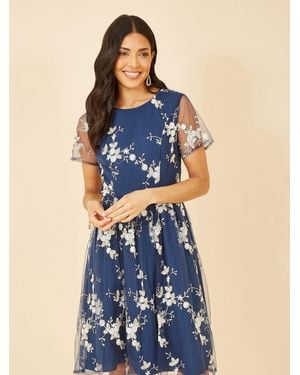Yumi' Embroidered Floral Mini Skater Dress - Blue