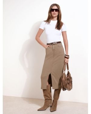 Friends Like These Split Front Denim Midi Skirt - Natural
