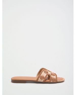 Love & Roses Love & Roses Tan Floral Embroidered Raffia Flat Summer Sandals - Pink