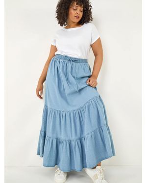 Roman Curve Tiered Woven Maxi Skirt - Blue