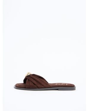 Lipsy Chocolate Faux Suede Hardware Trim Cross Strap Summer Slip-On Sandals - Brown