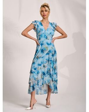 Jolie Moi Mesh Ruffle Detail Maxi Dress - Blue