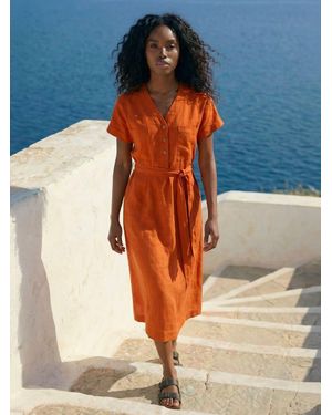 Roman Button Linen Mix Midi Dress - Blue