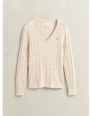 GANT Stretch Cotton Cable Knit V-Neck Sweater - Natural