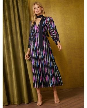 Love & Roses Multi Petite Geo Metallic Tie Neck Midi Dress - Black