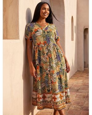 Roman Curve Leaf Print Button Maxi Dress - Brown