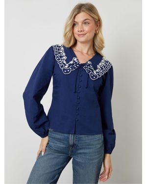 ANOTHER SUNDAY Button Through Embroidered Collar Detail Blouse - Blue