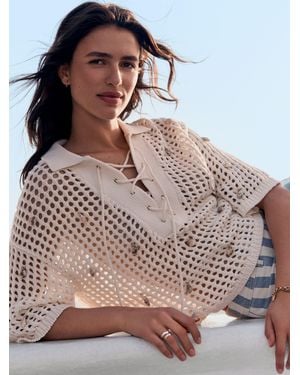 Next Cotton Mesh Knit Lace-Up Polo Top - Natural