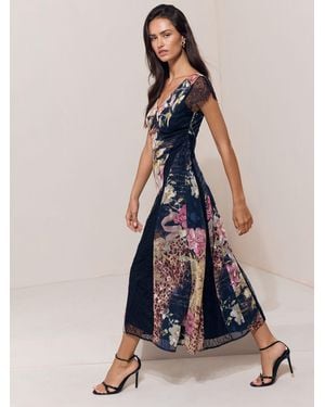 Lipsy Floral Scripted Print Lace Detail Cape Sleeve Fit And Flare Midi Dress - Blue