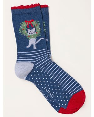 FatFace Fatface Cat Wreath Socks - Blue