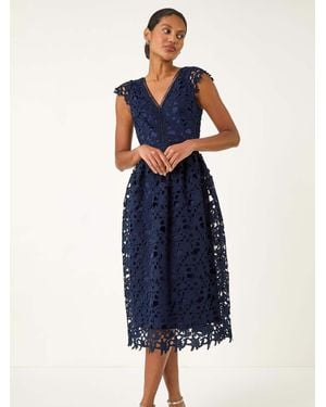 Roman Premium Crochet Lace Midi Dress - Blue