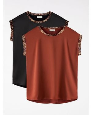 Love & Roses X2 And Rust Tipped Satin Front Jersey Back Crew Neck T-Shirt - Brown