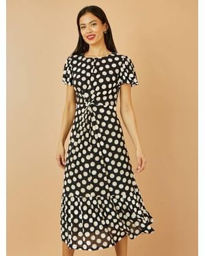 Yumi' Velvet Spot Print Twist Knot Waist Midi Dress - Black