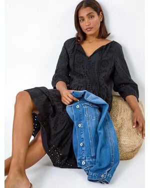 Roman Cotton Broderie Tiered Smock Dress - Blue