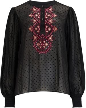Pour Moi Pour Moi Embroidered Natasha Dobby Chiffon Long Sleeve Top - Black
