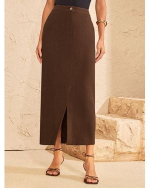 Love & Roses Linen Look Midi Skirt With Starfish Button - Brown