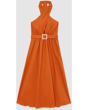 Reiss Rowe - Orange Cotton Halterneck Belted Midi Dress, Us 12