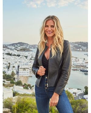 Sosandar Zip Front Round Neck Leather Jacket - Metallic