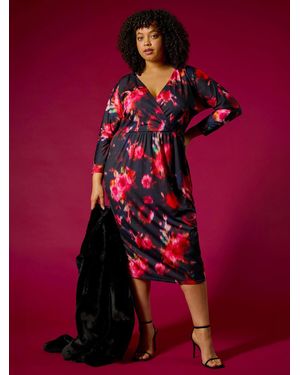 Roman Curve Floral Print Mesh Midi Dress - Red