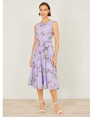 Yumi' Floral Print Midi Skater Dress - Purple