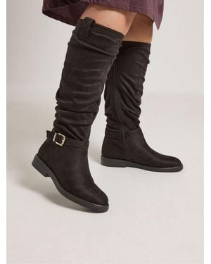 Yours Curve Faux Suede Buckle Detail Knee High Boots - Black