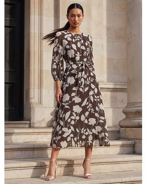 Roman Floral Plissiertes Midikleid - Braun