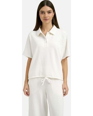 Smith & Soul Oversize Scuba Polo Shirt With Floral Beaded Sleeve Detail - White