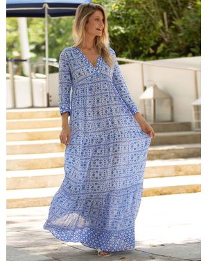 chinese dress ladies Aspiga Womens Sustainable Mykonos Maxi Dress Organic Cotton Summer Holiday  Beach Cover Up White Blue