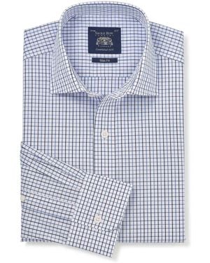 Savile Row Company Slim Fit Cotton Poplin Single Cuff Check Formal Shirt - Blue