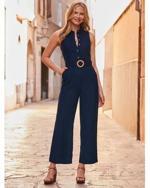 Sosandar Linen Statement Belt Blend Culotte Jumpsuit - Blue