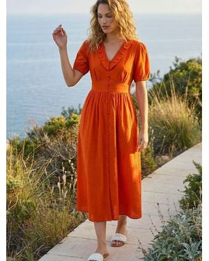 Roman Textured Frill Midi Dress - Orange