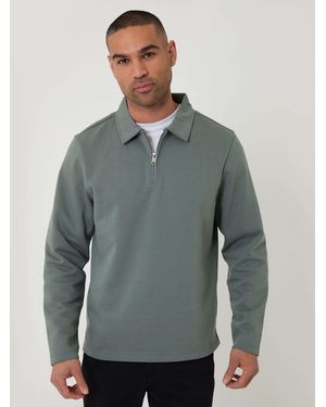 Threadbare Quarter Zip Long Sleeve Polo Sweatshirt - Grey