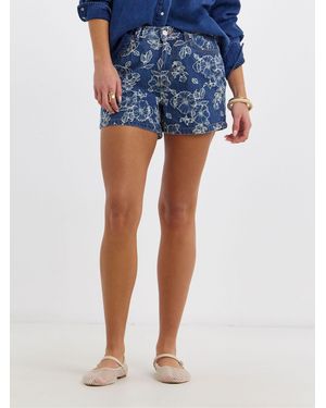 Simply Be Floral Denim Jaquard Shorts - Blue