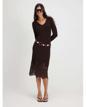 River Island Lace Hem V-Neck Sweater Midi Dress - Brown