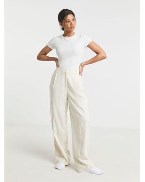 Simply Be Linen Pinstripe Wide Leg Tailored Pants - White