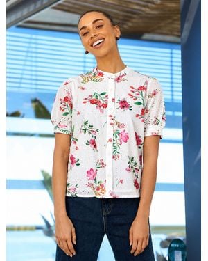 Yumi' Cotton Broderie Anglaise Floral Shirt - Blue