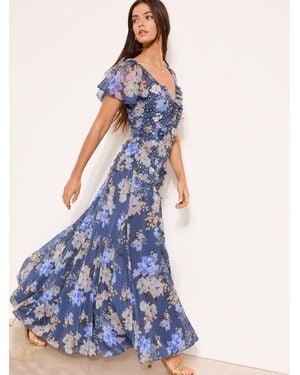 Lipsy Floral Print Flutter Mesh Sleeve Sequin Fit And Flare Maxi Dress - Blue